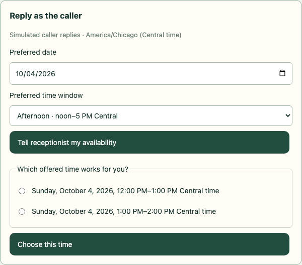 The caller chooses between two API-returned appointment times after supplying a date and afternoon window.
