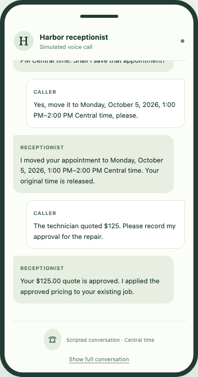 The phone transcript confirms the $125 approved quote was applied to the existing job.
