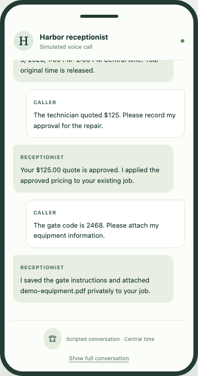 The receptionist confirms that instructions and a private equipment PDF were saved to the job.