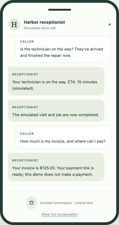 The phone transcript says a payment link is ready and no payment is made in the demo.