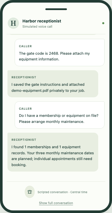 The receptionist reports existing memberships and equipment, then explains that three monthly dates are planned.