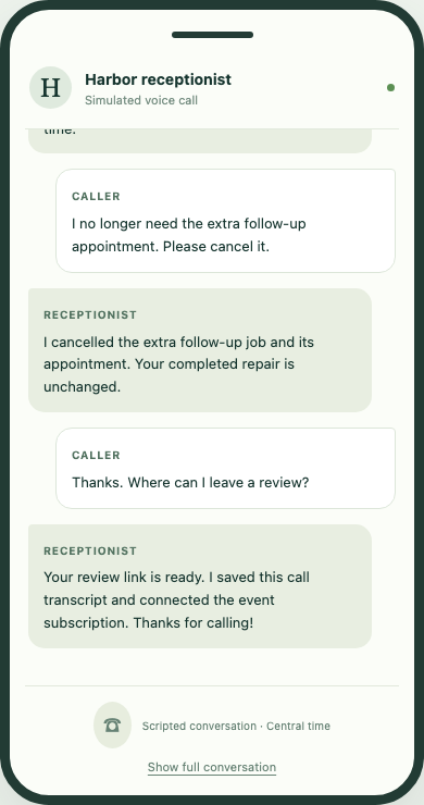 The receptionist confirms the review link, saved call transcript, and event subscription.