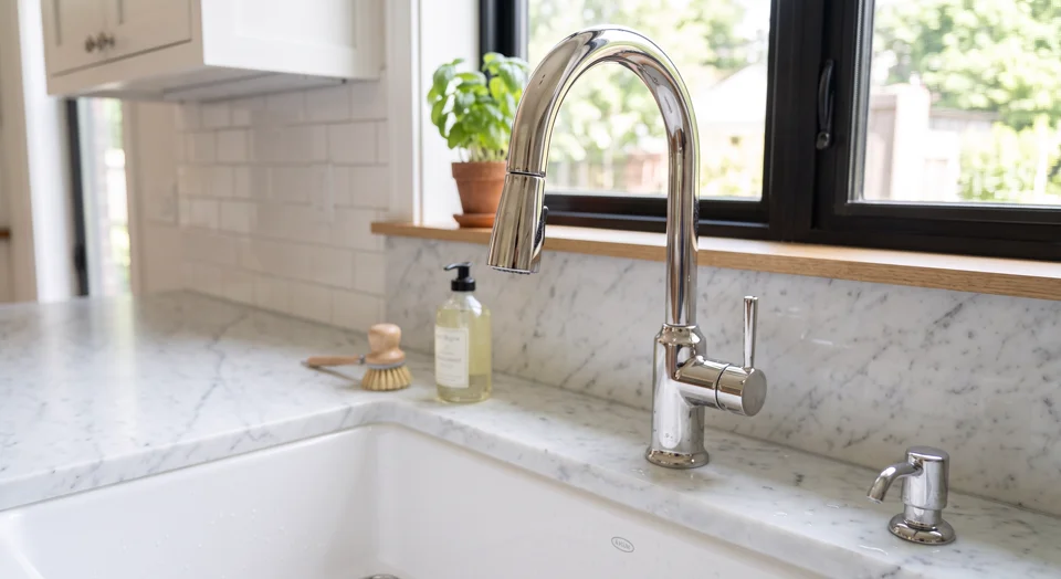Example close-up of the installed chrome kitchen faucet