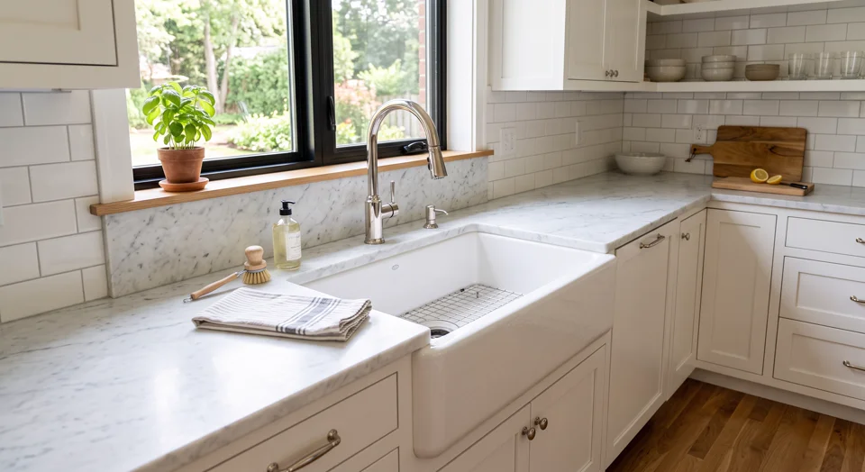 Example finished kitchen with a farmhouse sink