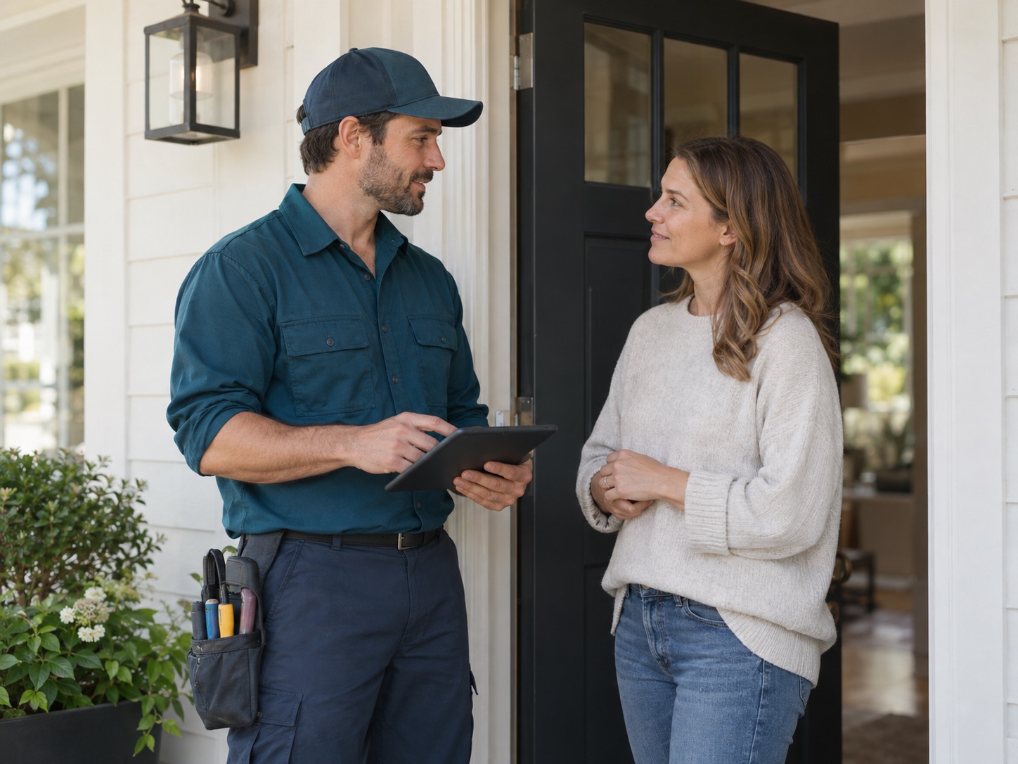 A service professional discussing a repair with a homeowner