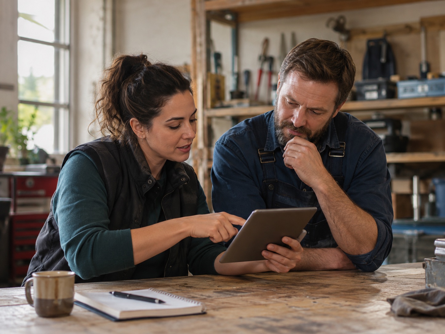 One colleague helping another use a tablet