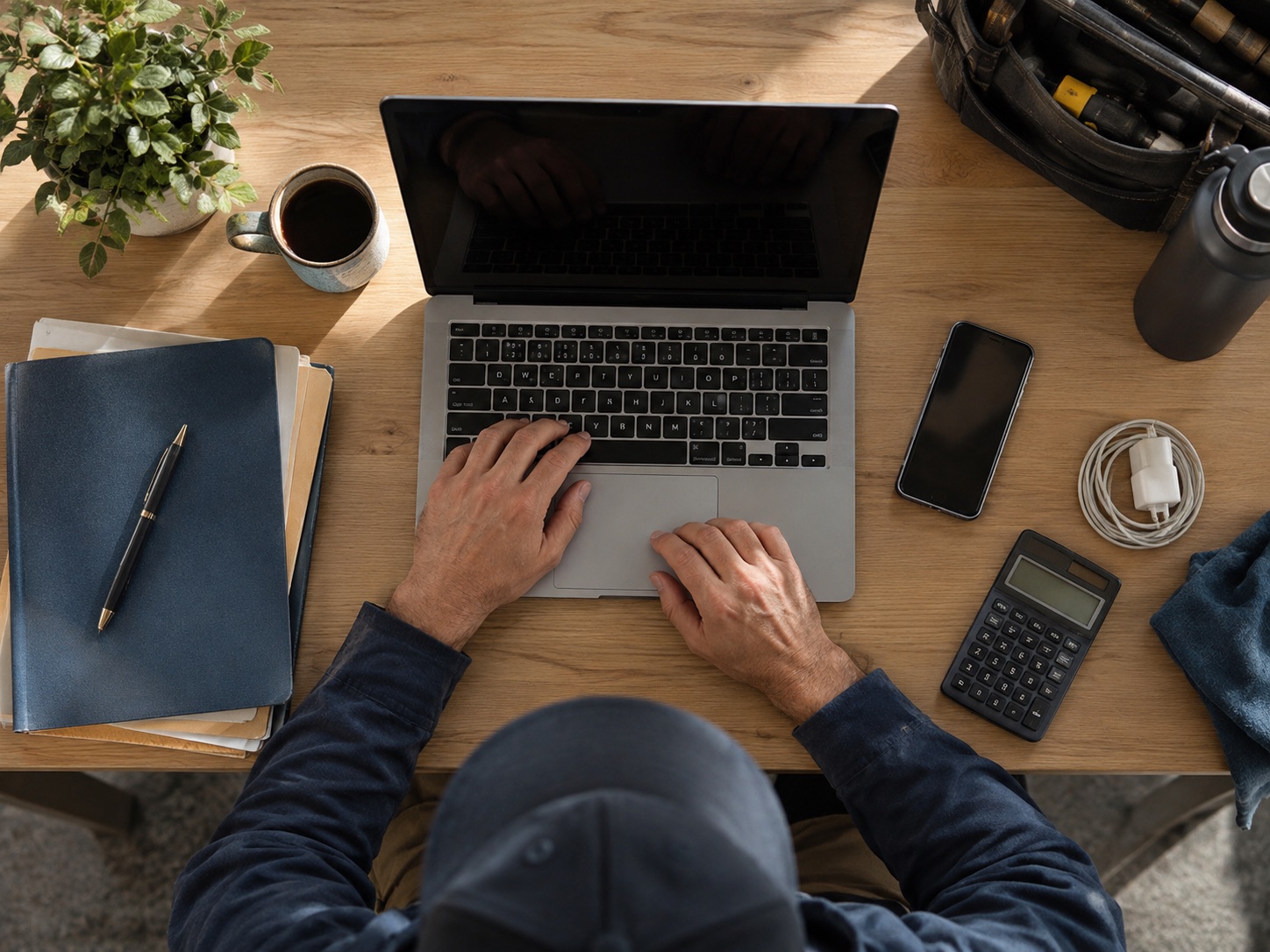 A neatly arranged business desk with connected everyday tools
