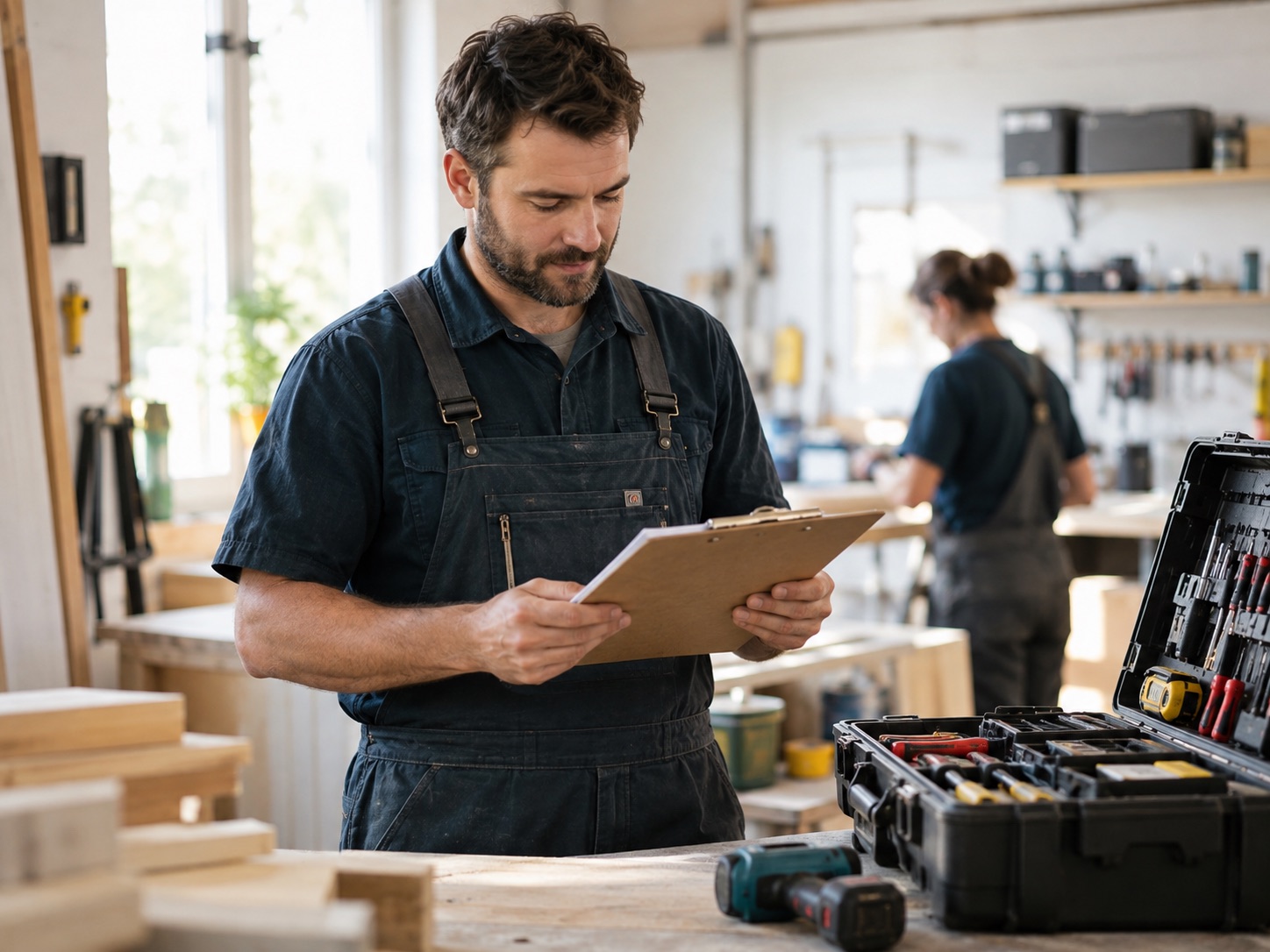 A service professional reviewing job details beside a tool case