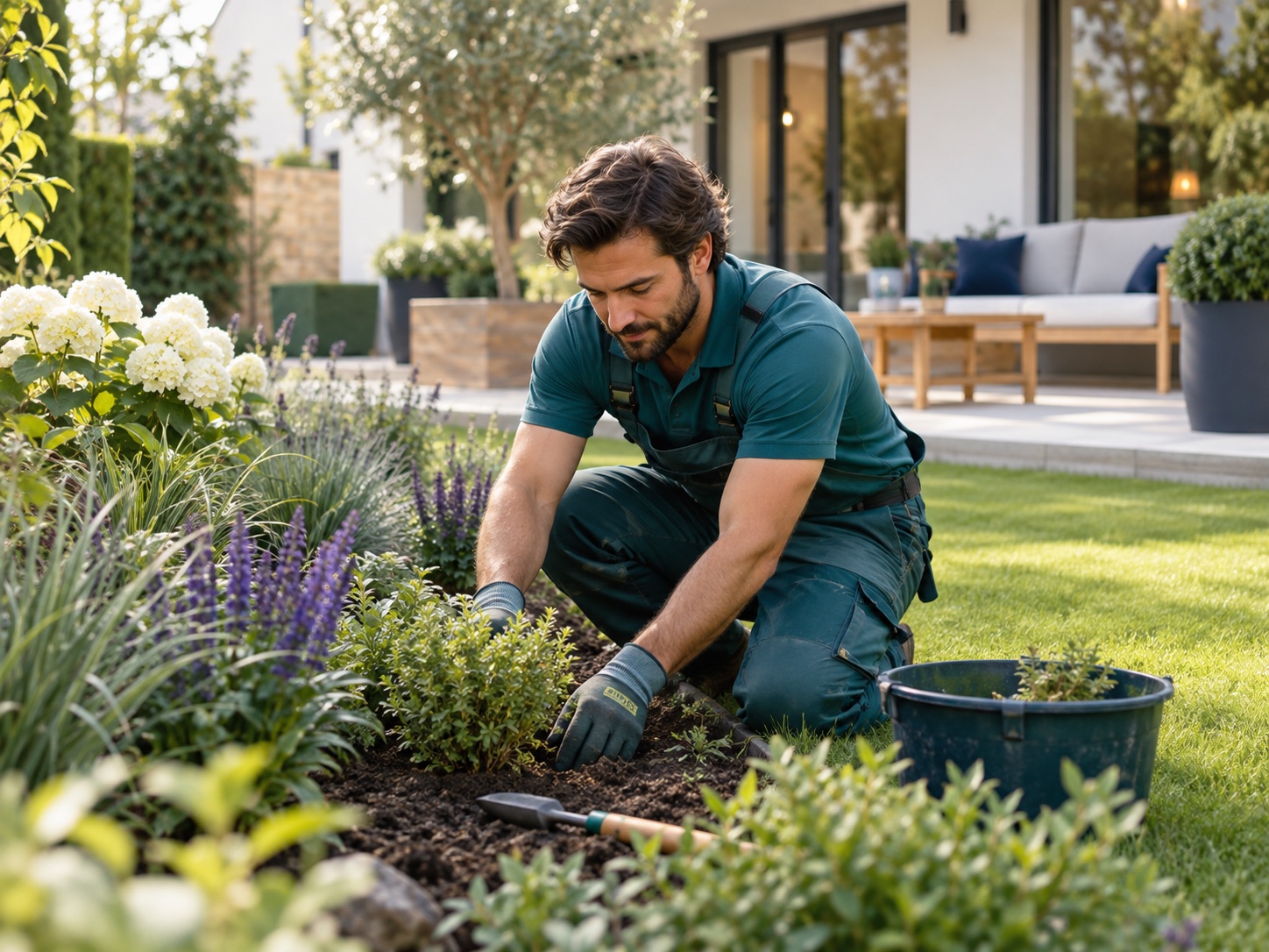 Landscaping professional working at a residential service visit