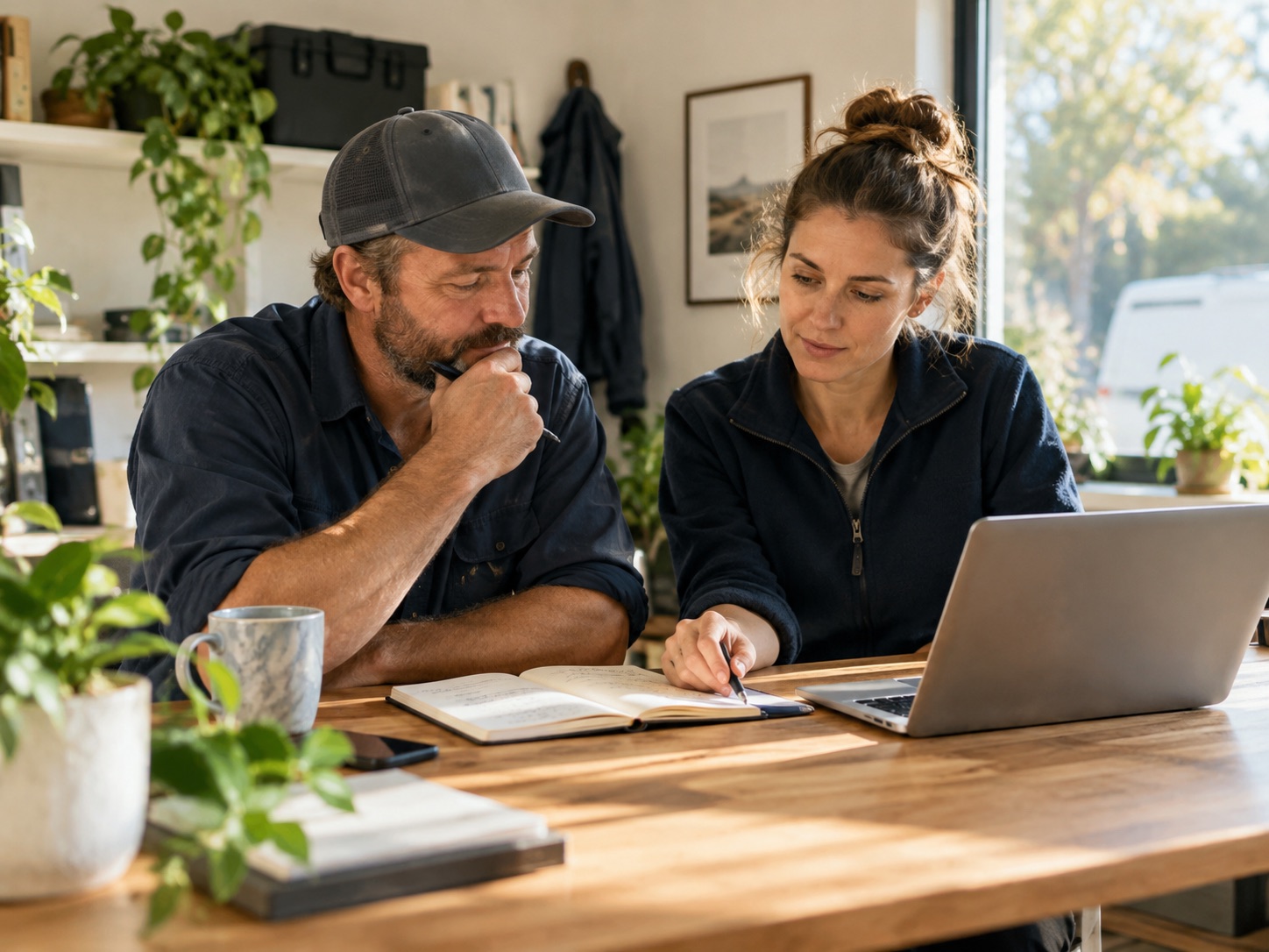 Two colleagues reviewing business records together