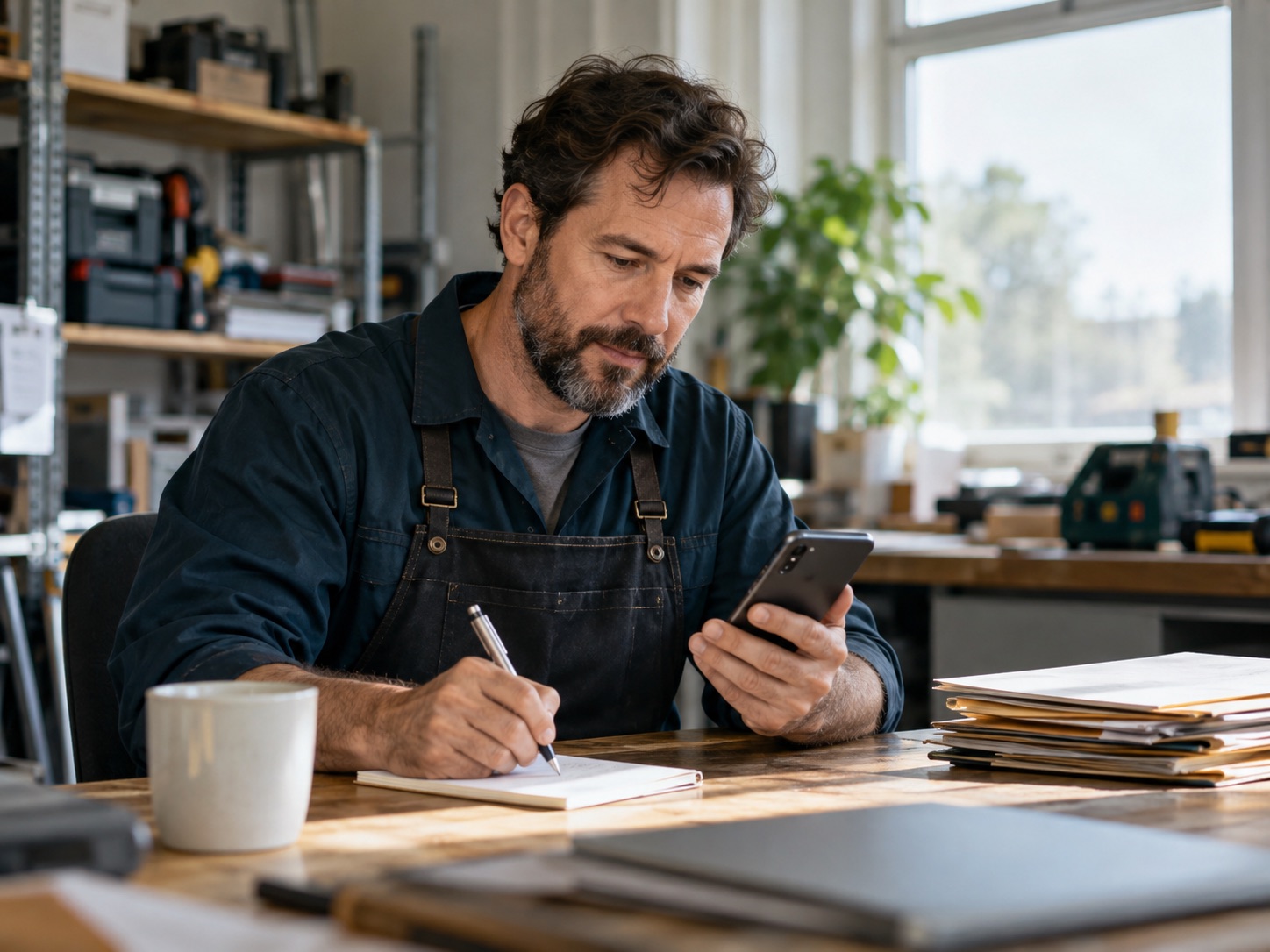 A business owner preparing a follow-up with a notebook and phone