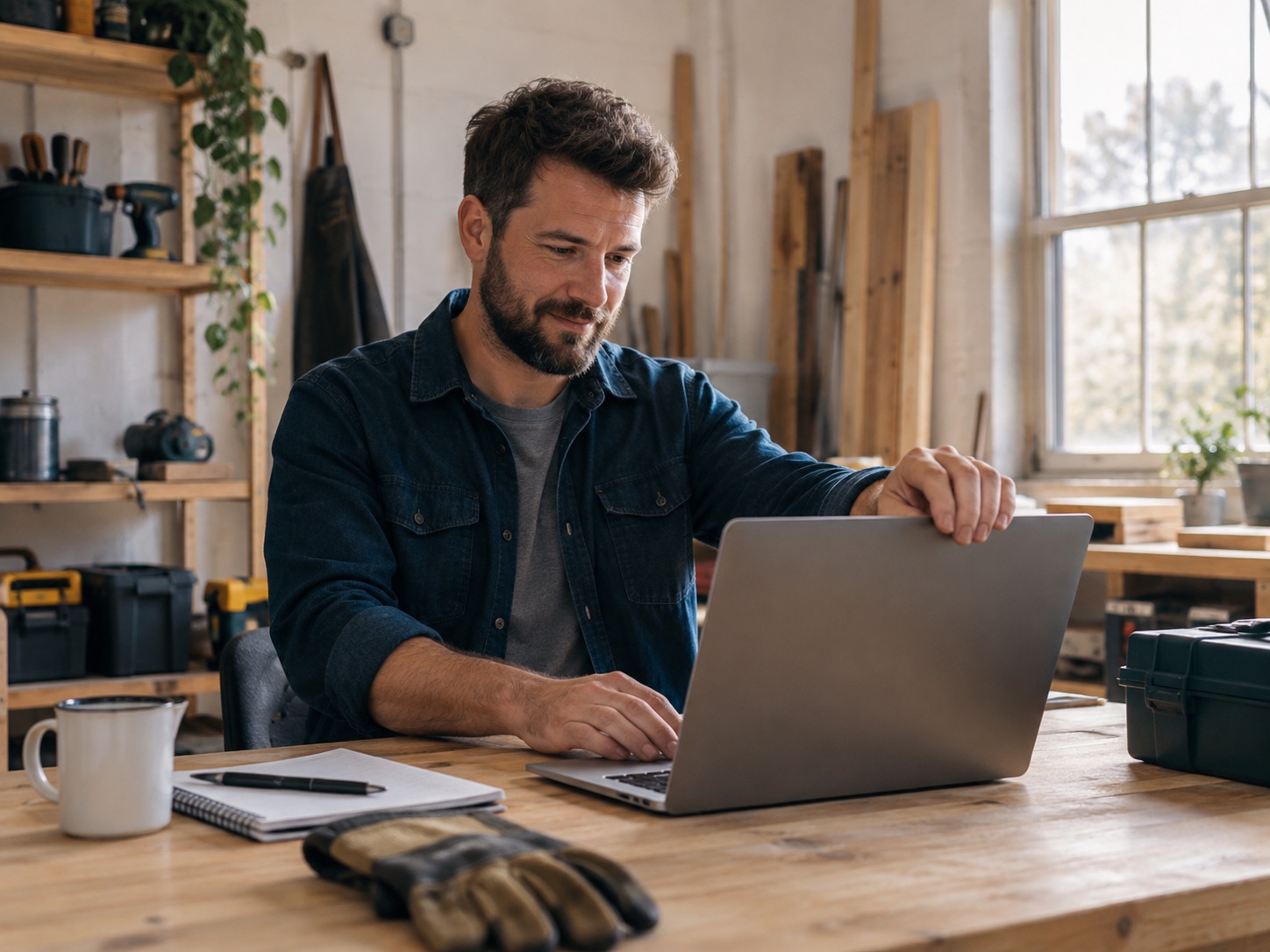 A business owner getting started at a workshop desk