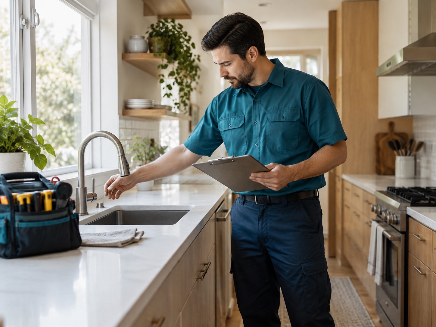 A technician inspecting a completed kitchen repair