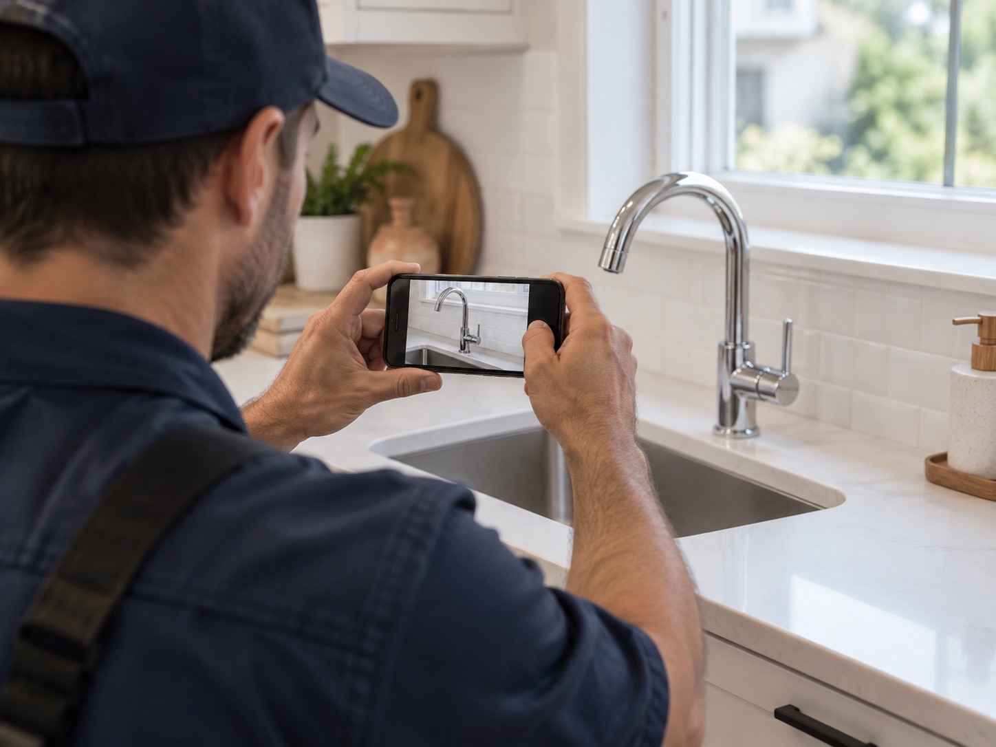 A professional photographing the detail of a finished faucet