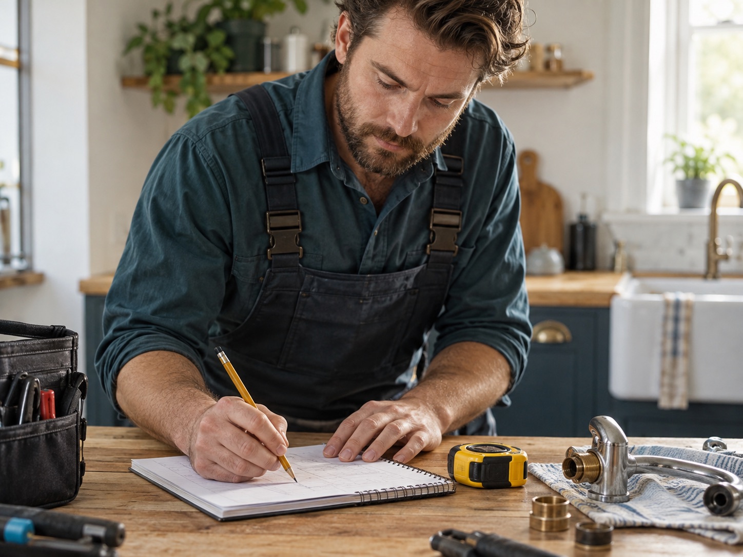 A service professional planning repair details at a workbench