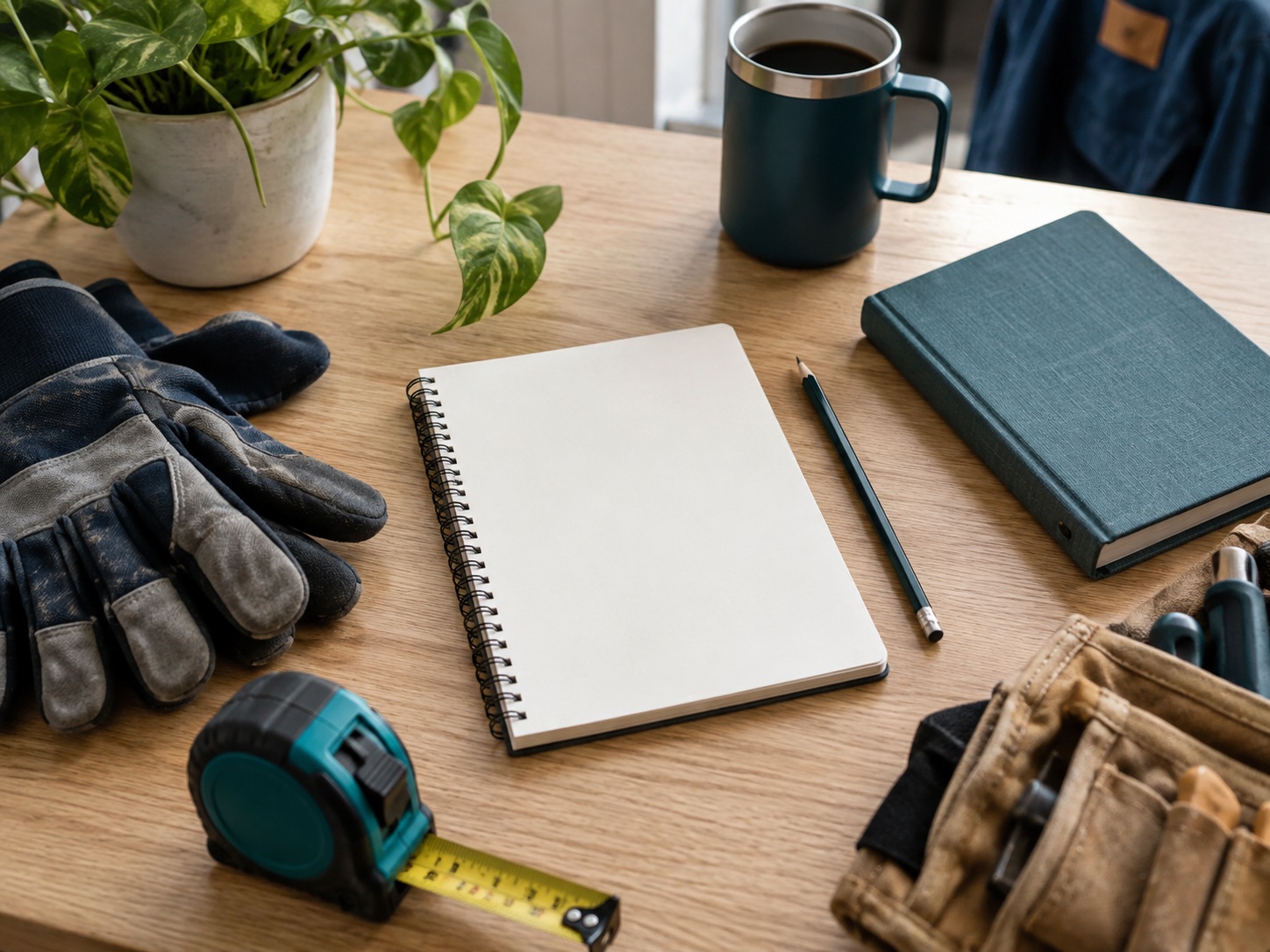 A field-service notebook, handbook, measuring tape, and work gloves
