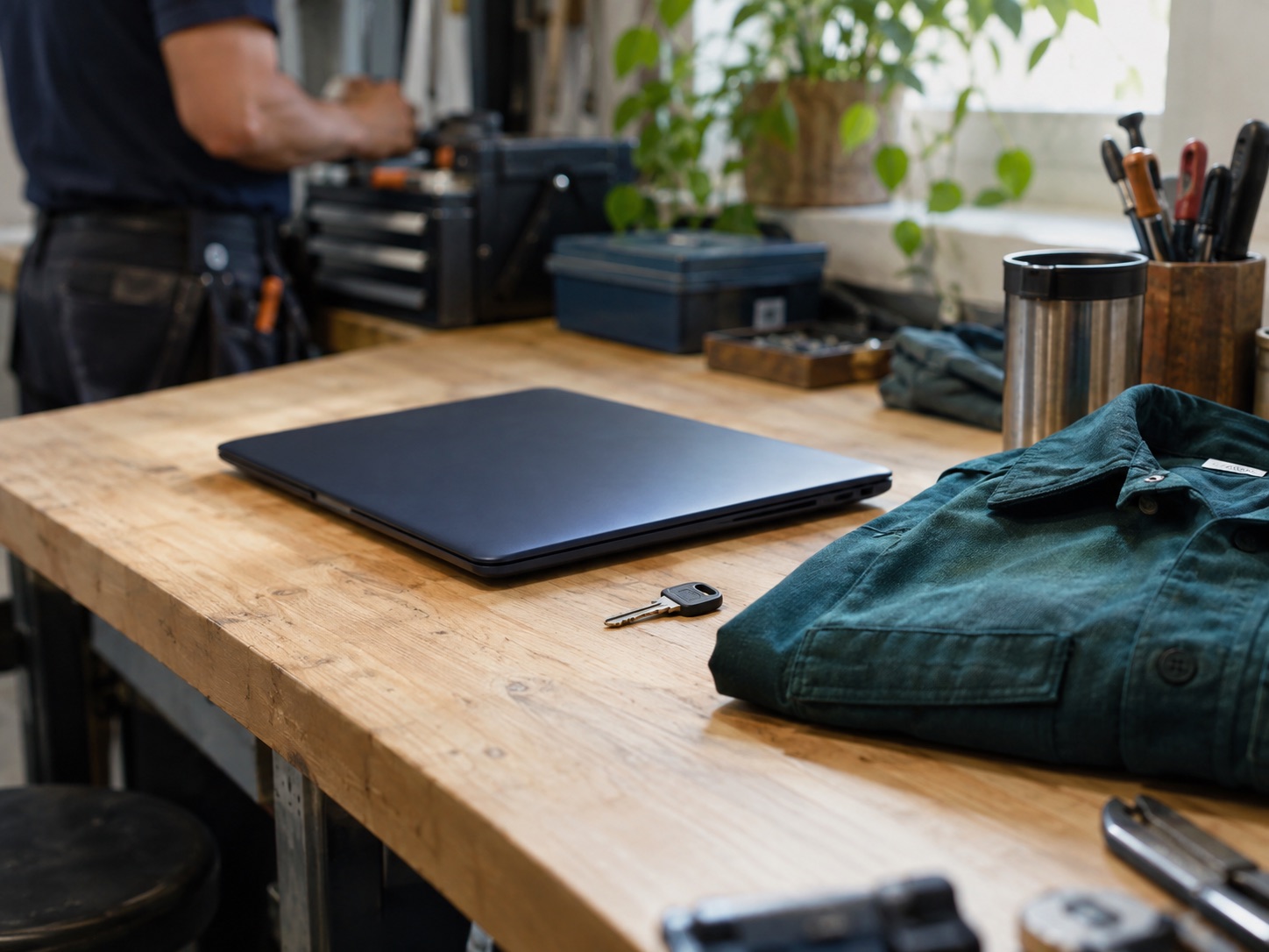 A closed laptop and key on a carefully organized work desk