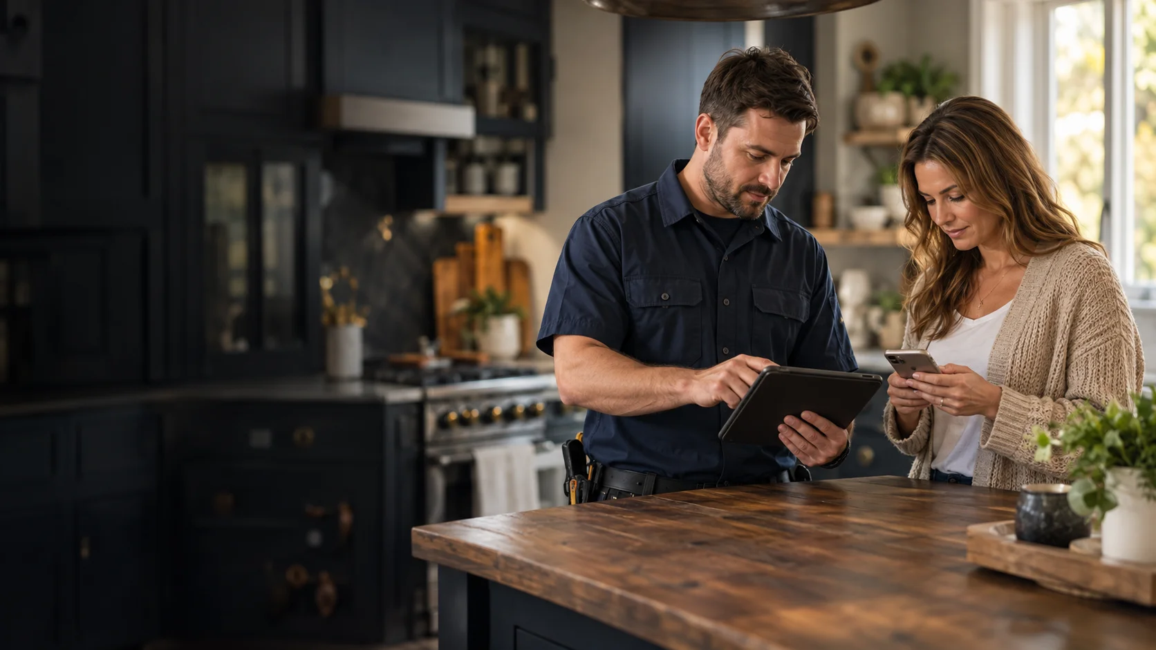 A service technician and homeowner using a tablet and phone to review the work together